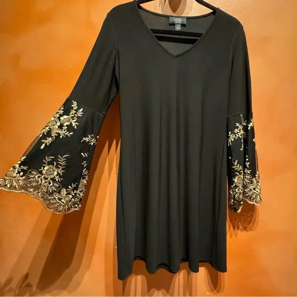 MSK Black and Gold Dress Flare Bell Sleeve Petite Small - Picture 1 of 5